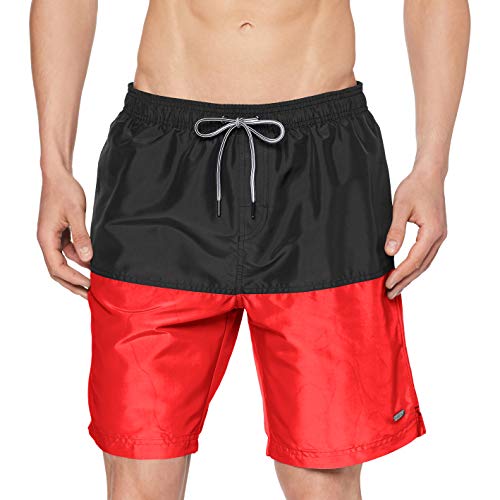 Marca Amazon - MERAKI Shorts de Natación Hombre, Rojo (negro/rojo)., M, Label: M
