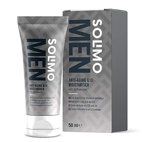 Marca Amazon - Solimo Men Crema hidratante facial Q10 Antiedad - Protección UV, 4x50ml