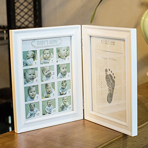 Marco de fotos para fotos de bebé o primer año con marco de fotos para recuerdos de cumpleaños o bautizo blanco blanco Talla:38x24CM