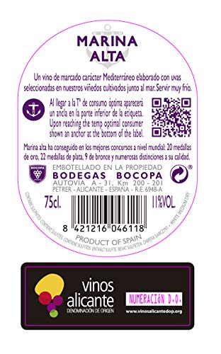 Marina Alta - Caja 12 botellas 75 cl - Vino blanco DO Alicante - Joven- Afrutado - Mediterráneo - 11% Vol