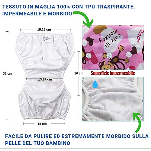 MARIPOSA | Bañador Pañal Bebé - Reutilizable Lavable y Ajustable - Pañales de Natación para Piscina y Mar para Niña de 0 a 2 Años - 2 pañales con funda impermeable (animales y mono)