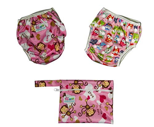 MARIPOSA | Bañador Pañal Bebé - Reutilizable Lavable y Ajustable - Pañales de Natación para Piscina y Mar para Niña de 0 a 2 Años - 2 pañales con funda impermeable (animales y mono)