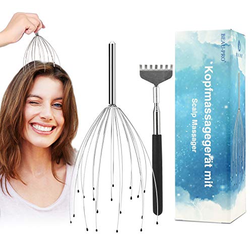 Masajeador de cabeza con 20 dedos de masaje, araña para una relajación perfecta, masajeador de espalda gratis, regalo para masaje de cabeza y masaje de espalda