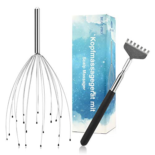 Masajeador de cabeza con 20 dedos de masaje, araña para una relajación perfecta, masajeador de espalda gratis, regalo para masaje de cabeza y masaje de espalda