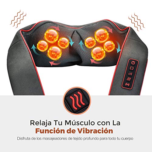 Masajeador de Espalda con Modo de Vibración, 8 Rodillos, 3D Rotación con Calor, 3 Intensidades, 5 Botones, Shiatsu Masajeador Cervical y Espalda/Cuello/Hombro/Piernas, Regalo Perfecto
