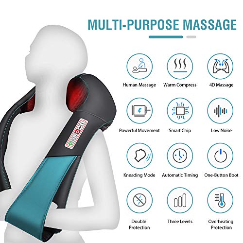 Masajeador de Espalda Electrico 16 Rodillos, 3D Rotación con Calor, 3 Intensidades, 6 Botones, Masajeador Cuello/Hombro/Piernas, Uso de la Oficina Doméstica y del Coche