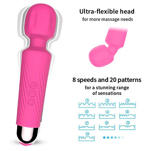 Masajeador de Mano Inalámbrico, Impermeable Portátil Magic Wand Massager USB Recargable Masajeador Eléctrico de Masaje Con 20 patrones de vibración y 8 velocidades Alivio Dolor Muscular para Mujer
