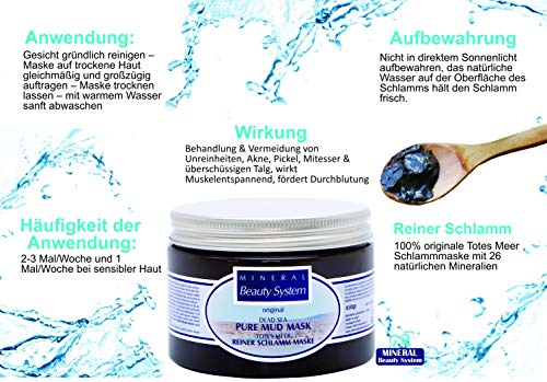 Máscara de barro natural puro del Mar Muerto 450g de Mineral Beauty System. Para cara, cuerpo, cabello - Anti arrugas, espinillas, acné, spa exfoliante unisex, piel normal, seca e impura