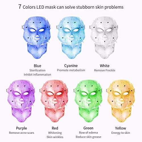 Máscara facial LED, 7 colores, terapia de luz, colágeno, antienvejecimiento, efecto tensor, cicatrices, blanqueamiento, máscara facial de belleza LED, con instrumento para el cuello