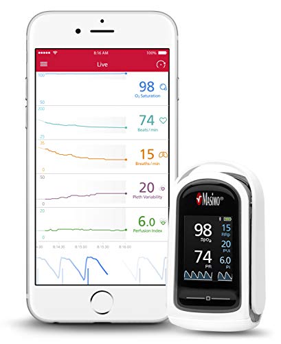 Masimo MightySat - Pulsioxímetro Digital de Dedo, Mide y Registra los Valores Fisiológicos, Saturación de Oxígeno, Frecuencia Cardíaca y Respiratorios, Bluetooth Compatible iOS y Android, Blanco