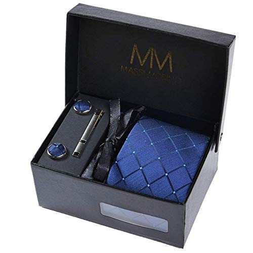 Massi Morino ® Set de corbata (caja regalo para hombres) Corbatas de hombre y pañuelos + gemelos + clip de corbata (Cuadrado Azul Oscuro)