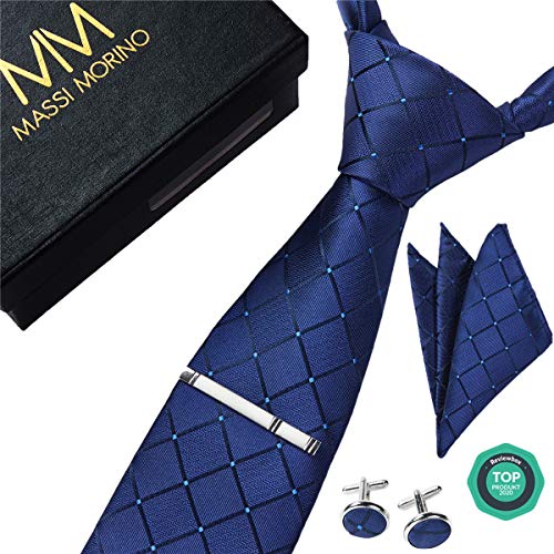 Massi Morino ® Set de corbata (caja regalo para hombres) Corbatas de hombre y pañuelos + gemelos + clip de corbata (Cuadrado Azul Oscuro)