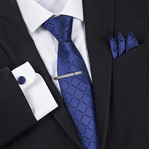 Massi Morino ® Set de corbata (caja regalo para hombres) Corbatas de hombre y pañuelos + gemelos + clip de corbata (Cuadrado Azul Oscuro)