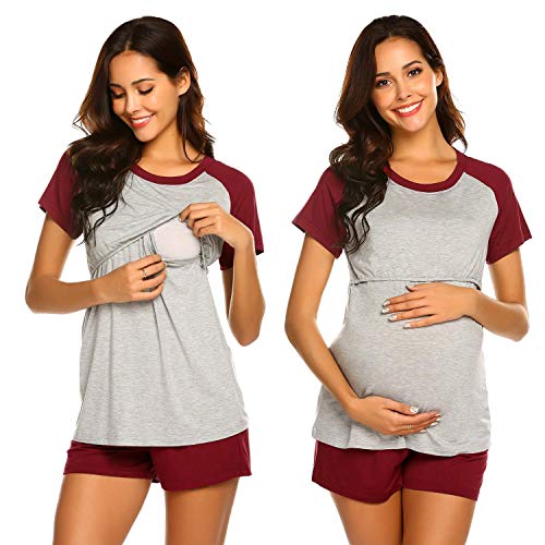 MAXMODA Ropa Premamá Lactancia Pijama Conjunto Maternidad El Verano Pijama Premamá Embarazo Rojo Vino