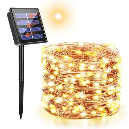 Maxsure Guirnalda Luces Exterior Solar, Luces Solares Guirnaldas 12 Metros 100 LED, con 8 Modos de Luz Decoración para Nalidad, Fiestas, Patio, Jardines, etc. IP65 Impermeable, Blanco Cálido