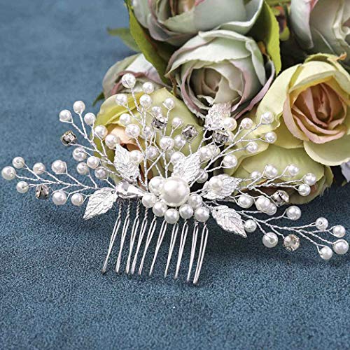 Mayelia Perla Novia Peineta De Boda Plata Hoja Accesorios Para el Cabello de NoviaCristal Peine Del Pelo de la Boda Para Mujeres y Niñas
