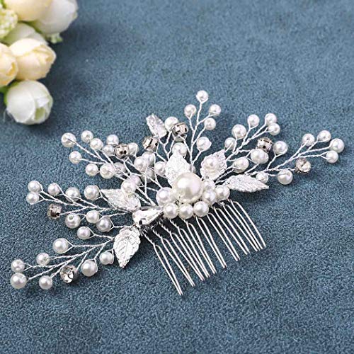 Mayelia Perla Novia Peineta De Boda Plata Hoja Accesorios Para el Cabello de NoviaCristal Peine Del Pelo de la Boda Para Mujeres y Niñas