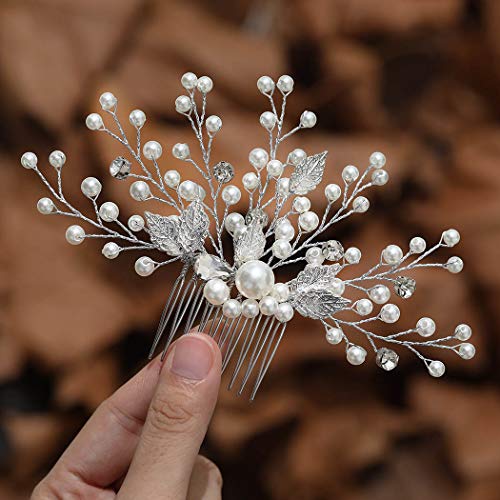 Mayelia Perla Novia Peineta De Boda Plata Hoja Accesorios Para el Cabello de NoviaCristal Peine Del Pelo de la Boda Para Mujeres y Niñas