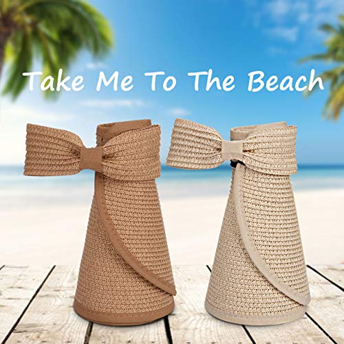 Maylisacc 2 Piezas Visera de Verano Sombrero Paja ala Ancha para Mujeres con Protección Solar UV Top Abierto Empacable (Caqui + Crema)