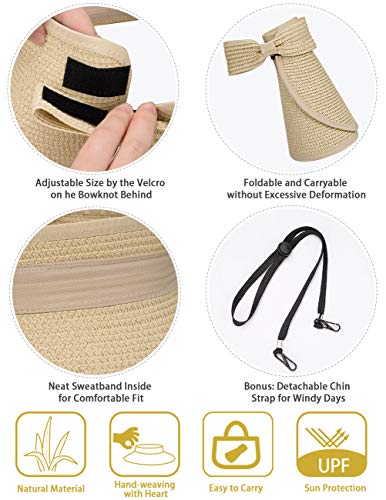 Maylisacc 2 Piezas Visera de Verano Sombrero Paja ala Ancha para Mujeres con Protección Solar UV Top Abierto Empacable (Caqui + Crema)