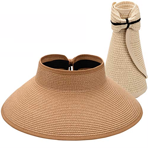 Maylisacc 2 Piezas Visera de Verano Sombrero Paja ala Ancha para Mujeres con Protección Solar UV Top Abierto Empacable (Caqui + Crema)