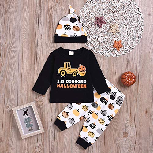 MAYOGO Conjunto Ropa Bebe Niño Recien Nacido Camiseta Manga Larga y Pantalones Estampado y Sombrero Disfraz Halloween Bebe Pumpkin Niña Pijama Ropa de bebé Niña para Dormir Otoño 0-2 Años