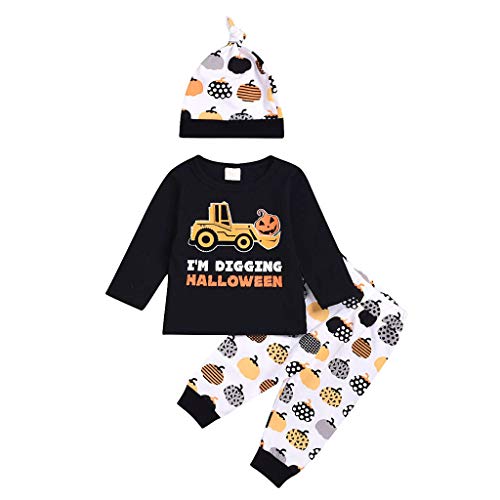 MAYOGO Conjunto Ropa Bebe Niño Recien Nacido Camiseta Manga Larga y Pantalones Estampado y Sombrero Disfraz Halloween Bebe Pumpkin Niña Pijama Ropa de bebé Niña para Dormir Otoño 0-2 Años