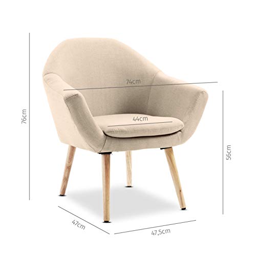 Mc Haus NAVIAN - Sillón Nórdico Escandinavo de color Beige, butaca comedor salón dormitorio, sillón acolchado con Reposabrazos y patas de madera 47x74x76cm