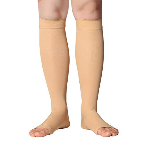 +MD Calcetines hasta la rodilla de alta compresión 23-32 mmHg Medias de soporte médico para los pies abiertos para la hinchazón, venas varicosas, edema, arañas vasculares NudeL