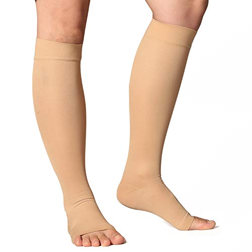 +MD Calcetines hasta la rodilla de alta compresión 23-32 mmHg Medias de soporte médico para los pies abiertos para la hinchazón, venas varicosas, edema, arañas vasculares NudeL