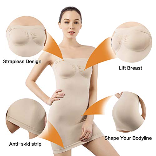 +MD Fajas de Tirantes sin Tirantes para Mujer Deslizamiento Completo de Control de la Barriga sin Fisuras dirigida dirigida sin Fisuras Vestidos Debajo de los Vestidos NudeXL