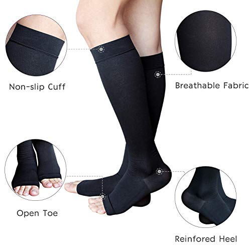 +MD Medias calcetines de compresión, Medias a la rodilla de prevención punta abierta compresión graduada 23-32 mmHg para Venas Varicosas, Edema, Venas Arácnidas BlackS