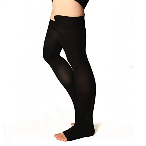 +MD Muslo Medias de compresión graduada alta Punta abierta 23-32 mmHg Medias de soporte médico para venas varicosas, edema, venas de araña finas NegroS