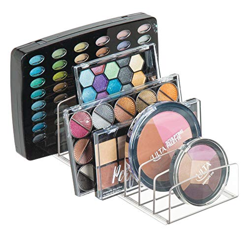 mDesign Bandeja de maquillaje con 9 compartimentos – Organizador de cosméticos vertical para lavabo y tocador – Organizador de maquillaje para ordenar los productos de belleza – transparente