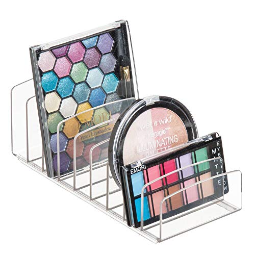 mDesign Bandeja de maquillaje con 9 compartimentos – Organizador de cosméticos vertical para lavabo y tocador – Organizador de maquillaje para ordenar los productos de belleza – transparente