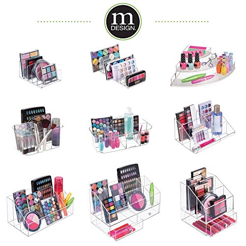 mDesign Bandeja de maquillaje con 9 compartimentos – Organizador de cosméticos vertical para lavabo y tocador – Organizador de maquillaje para ordenar los productos de belleza – transparente