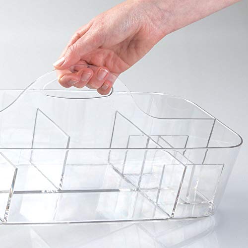 mDesign Caja con asa para Guardar cosméticos – Cesta de Ducha para el champú, el Gel, el acondicionador y demás – Organizador para baño de plástico Resistente con 11 Compartimentos – Transparente