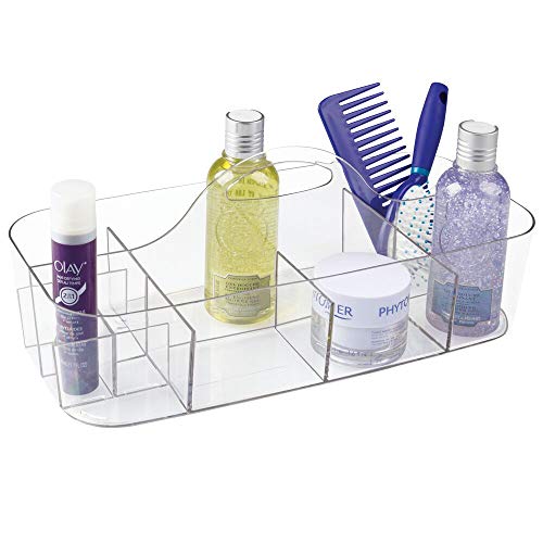 mDesign Caja con asa para Guardar cosméticos – Cesta de Ducha para el champú, el Gel, el acondicionador y demás – Organizador para baño de plástico Resistente con 11 Compartimentos – Transparente
