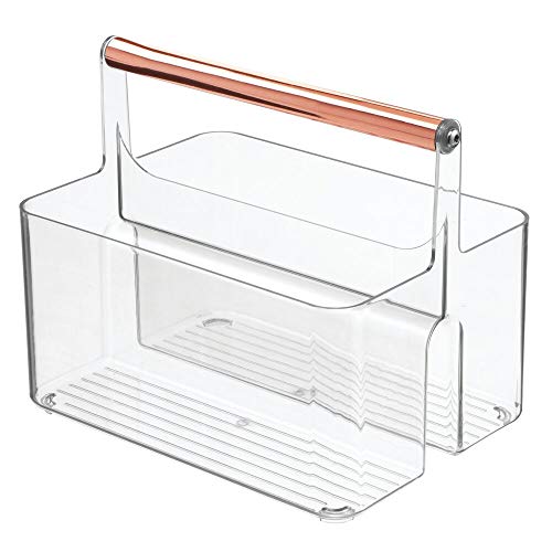 mDesign Caja organizadora para Cuarto de baño – Cesta con asa para el Almacenamiento de Productos cosméticos – Organizador de baño con 2 Compartimentos – Transparente y Dorado Rosado