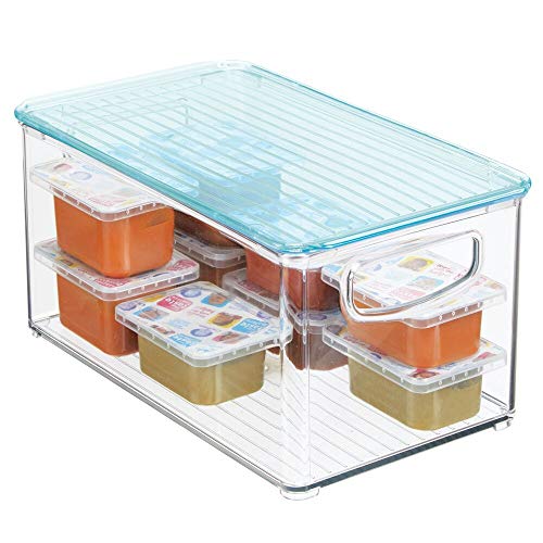 mDesign Caja para juguetes con tapa para habitación infantil – Cestas organizadoras con prácticas asas – Espacioso contenedor plástico sin BPA para artículos de bebé – azul/transparente