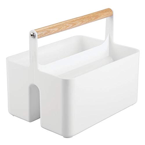 mDesign Cajas organizadoras para baño – Cajas de plástico con asas de madera para el almacenamiento de productos cosméticos – Organizador de baño con dos compartimentos – blanco/color roble