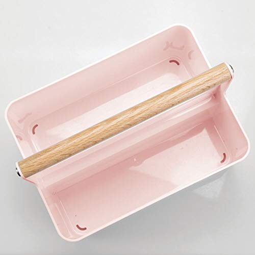 mDesign Cesta con asa para el baño – Caja organizadora con 2 compartimentos para cosméticos, maquillaje o pintaúñas – Organizador de cosméticos portátil de plástico con asa de madera – rosa claro