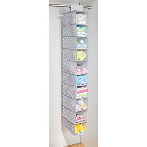 mDesign Estantería de tela colgante con 10 baldas – Organizador de ropa para ahorrar espacio – Ideal en la habitación infantil, para accesorios de bebé, pañales, etc. – Tela de lunares – gris/blanco