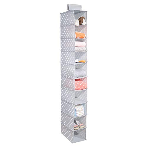 mDesign Estantería de tela colgante con 10 baldas – Organizador de ropa para ahorrar espacio – Ideal en la habitación infantil, para accesorios de bebé, pañales, etc. – Tela de lunares – gris/blanco