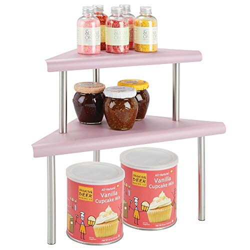 mDesign Estantería esquinera con 2 niveles – Baldas de cocina para rincones de encimeras e interiores de armarios – Estantes de metal y acero con dos alturas para la cocina – rosa y plateado mate