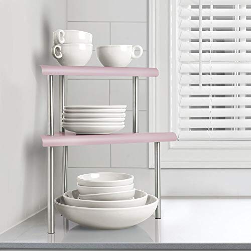 mDesign Estantería esquinera con 2 niveles – Baldas de cocina para rincones de encimeras e interiores de armarios – Estantes de metal y acero con dos alturas para la cocina – rosa y plateado mate