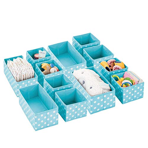 mDesign Juego de 12 Cajas de almacenaje para habitación Infantil, baño, etc. – Cestas organizadoras de Lunares – 12 organizadores de armarios de Fibra sintética en Dos tamaños – Turquesa/Blanco