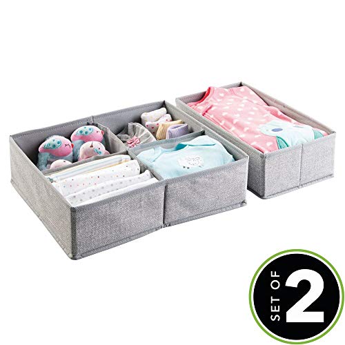 mDesign Juego de 2 cajas organizadoras de tela (5 compartimentos) – Preciosos organizadores para cajones y cómodas – Cestas para ordenar accesorios para bebés – gris