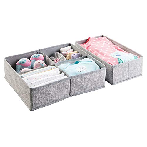 mDesign Juego de 2 cajas organizadoras de tela (5 compartimentos) – Preciosos organizadores para cajones y cómodas – Cestas para ordenar accesorios para bebés – gris