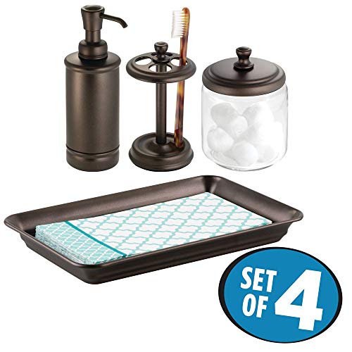 mDesign Juego de 4 complementos de baño – Set con Organizador de Toallas, Tarro de Cristal, portacepillos y dosificador de jabón – Accesorios de baño para el Lavabo – Bronce/Transparente